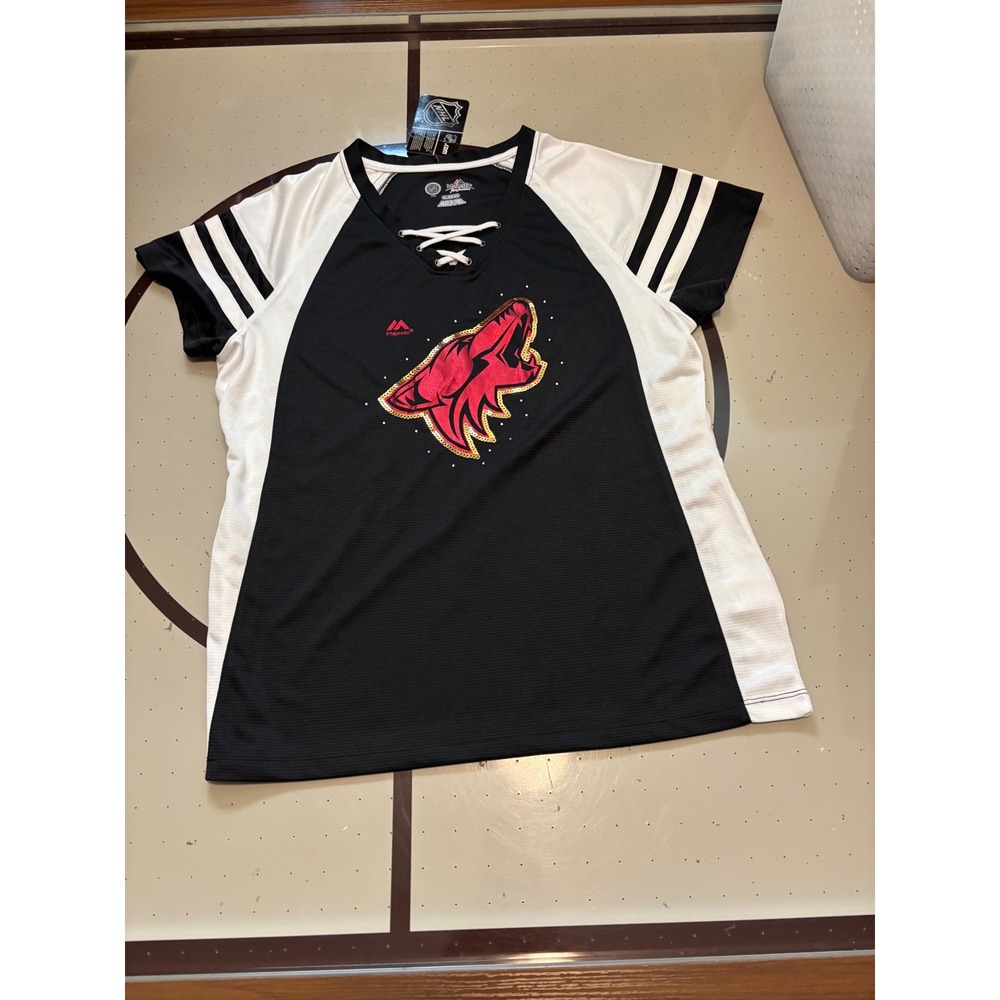 1239 NHL Arizona Coyotes Lace Up V-Neck Shirt Rhinestone Logo XL NWT Black